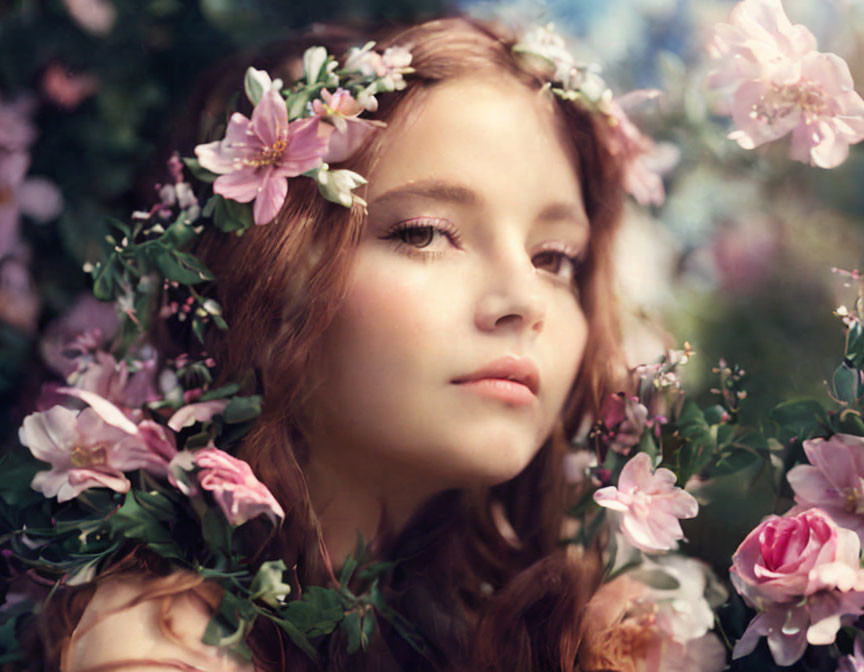 Young woman with floral crown in dreamy setting among pink blossoms