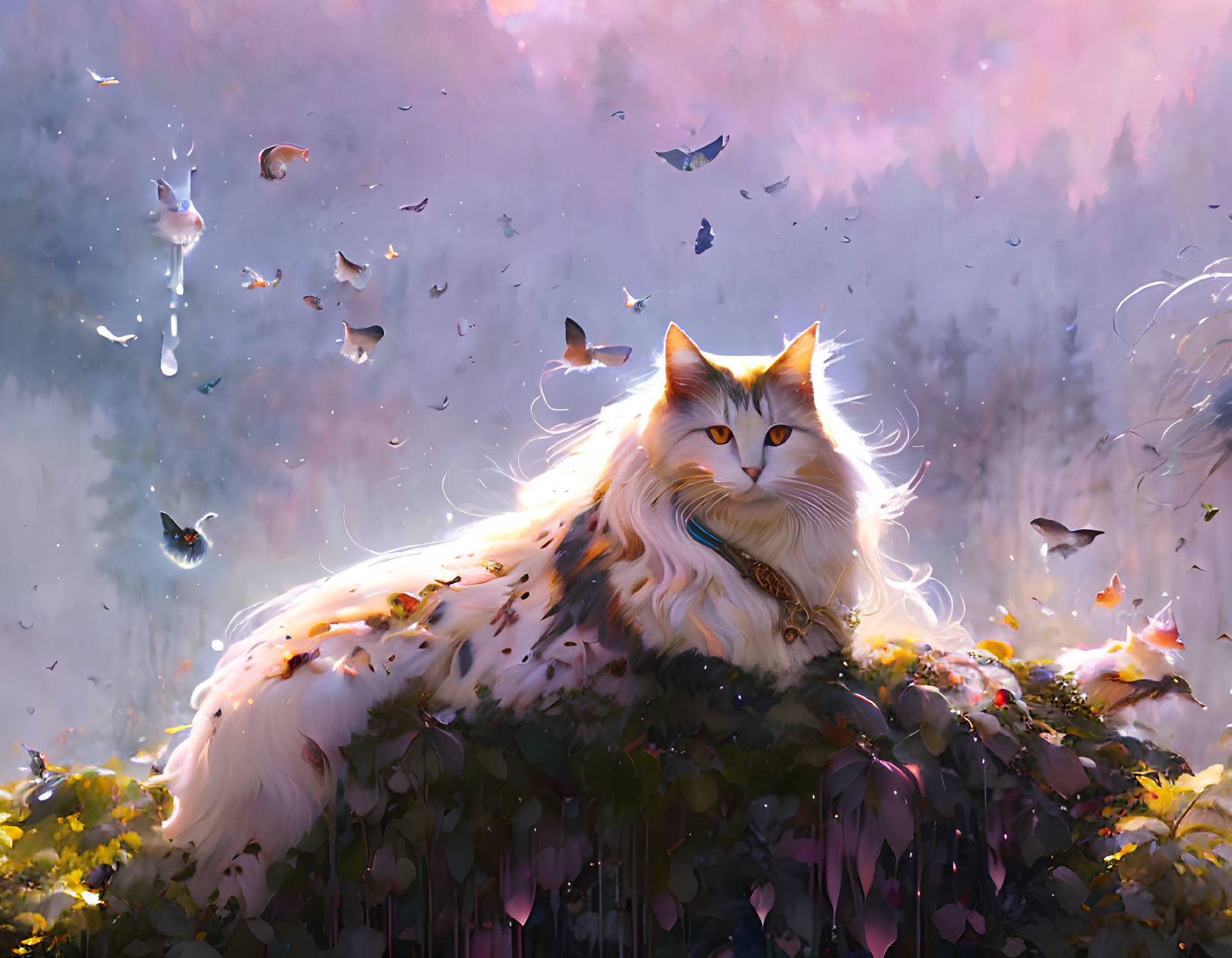 White Cat with Luxurious Mane Surrounded by Butterflies in Dreamy Forest