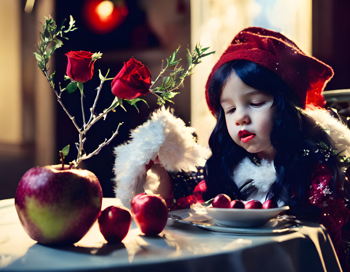 Child in Red Hat Observing Table with Apples, Berries, and Roses