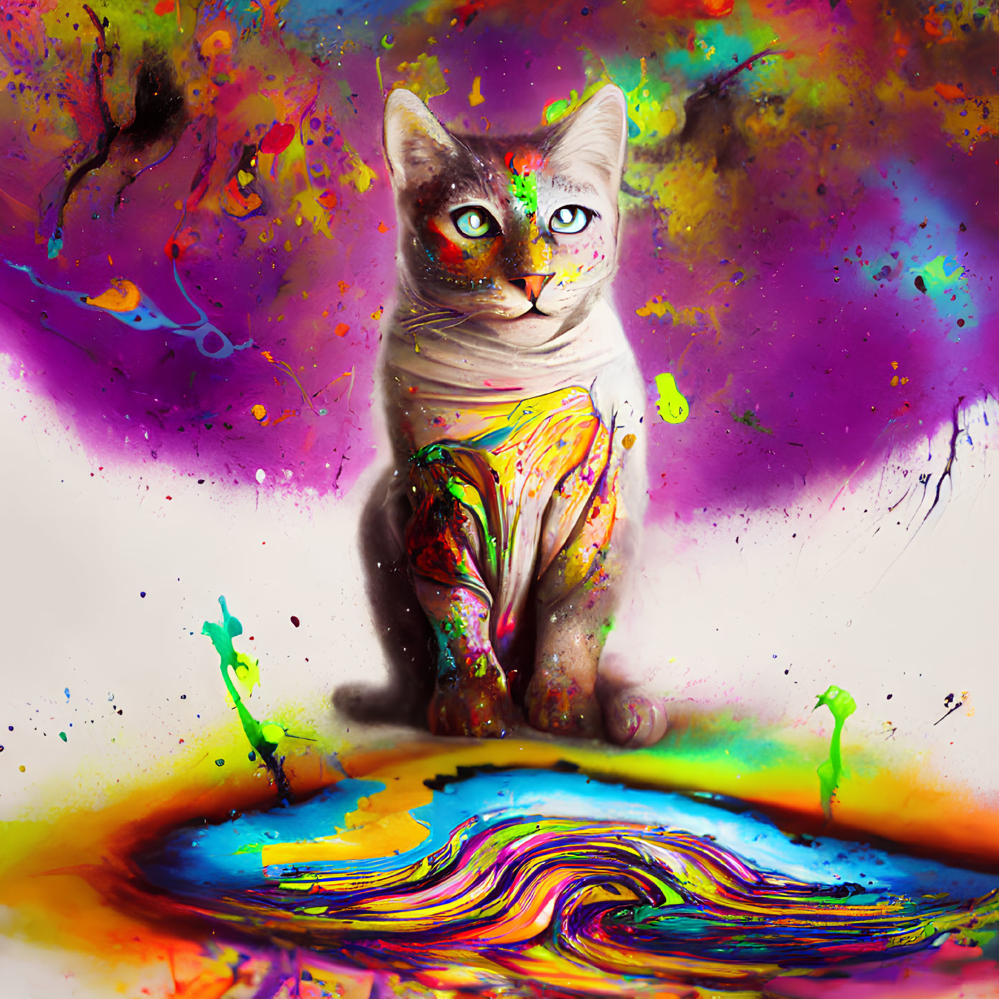 Vibrant digital artwork of a cat surrounded by colorful paint splatters