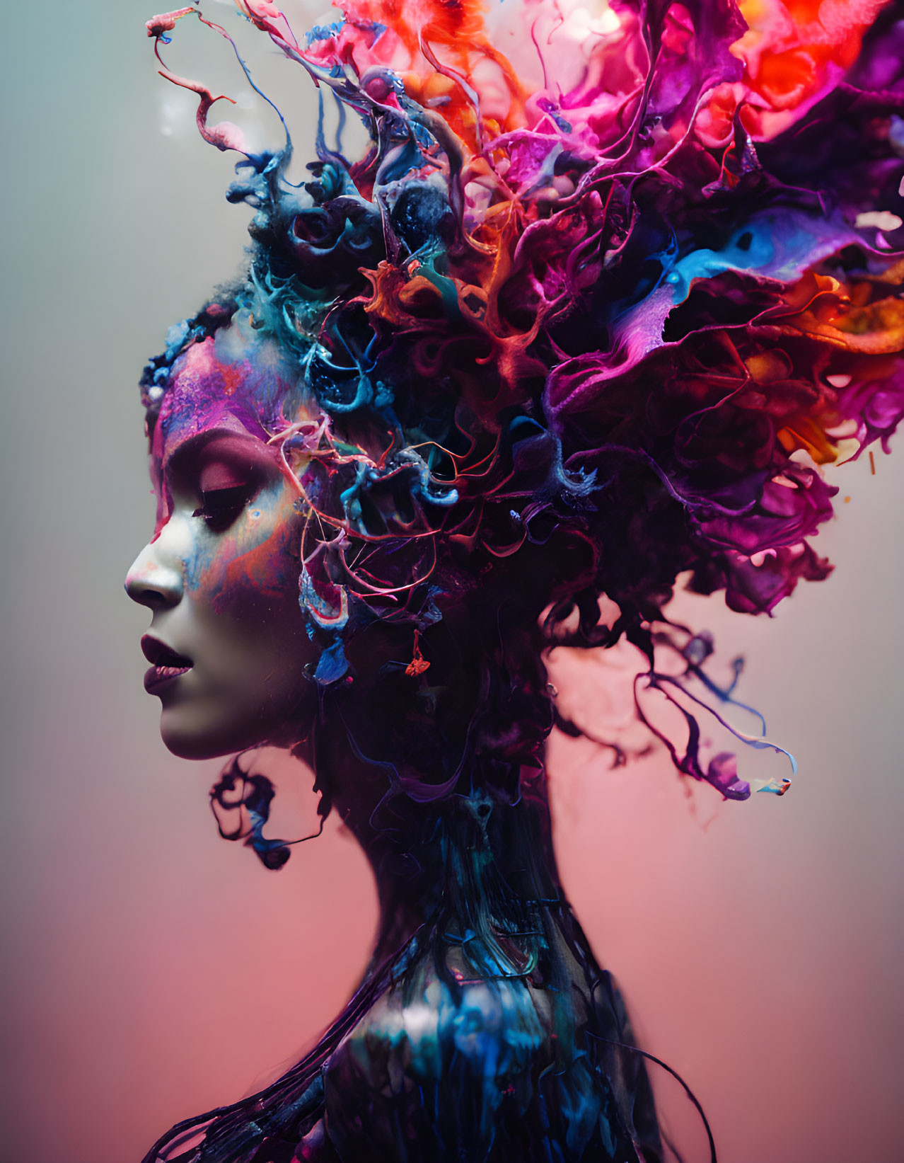 Colorful smoke-like effects in surreal portrait.