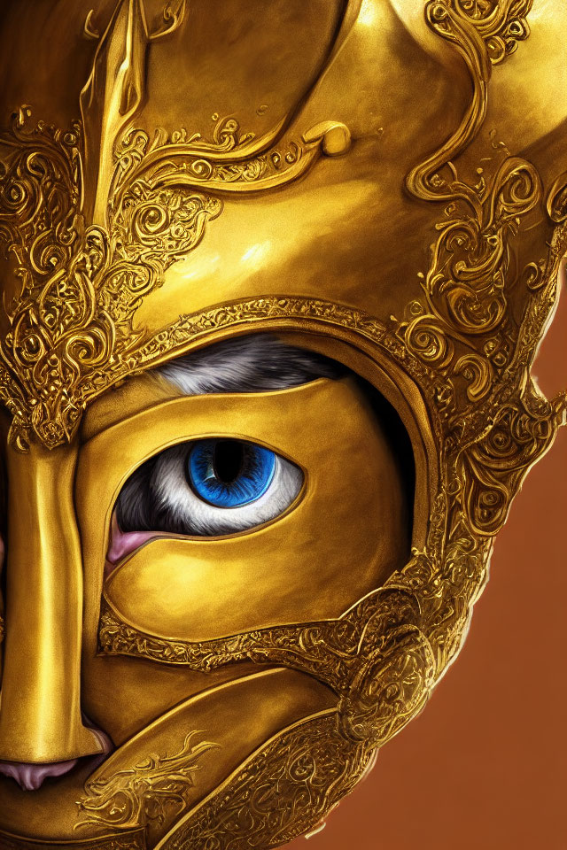 Ornate golden mask with intricate designs and blue eye