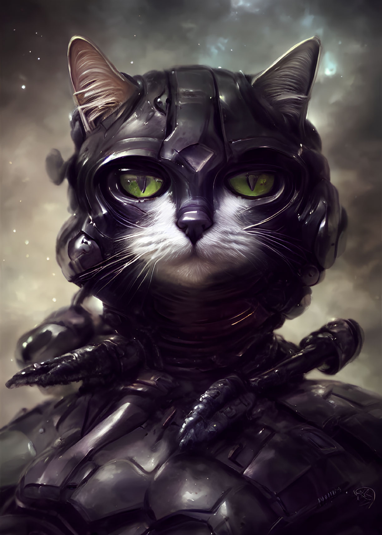 Digital artwork of a cat in futuristic armor with green eyes on starry backdrop