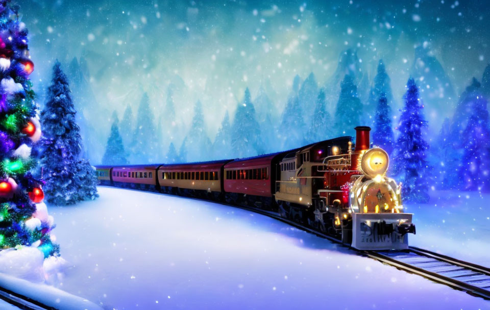 Festive Train in Snowy Landscape with Christmas Tree