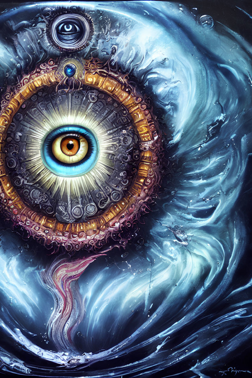 Surrealist painting with large ornate eye and swirling blue patterns