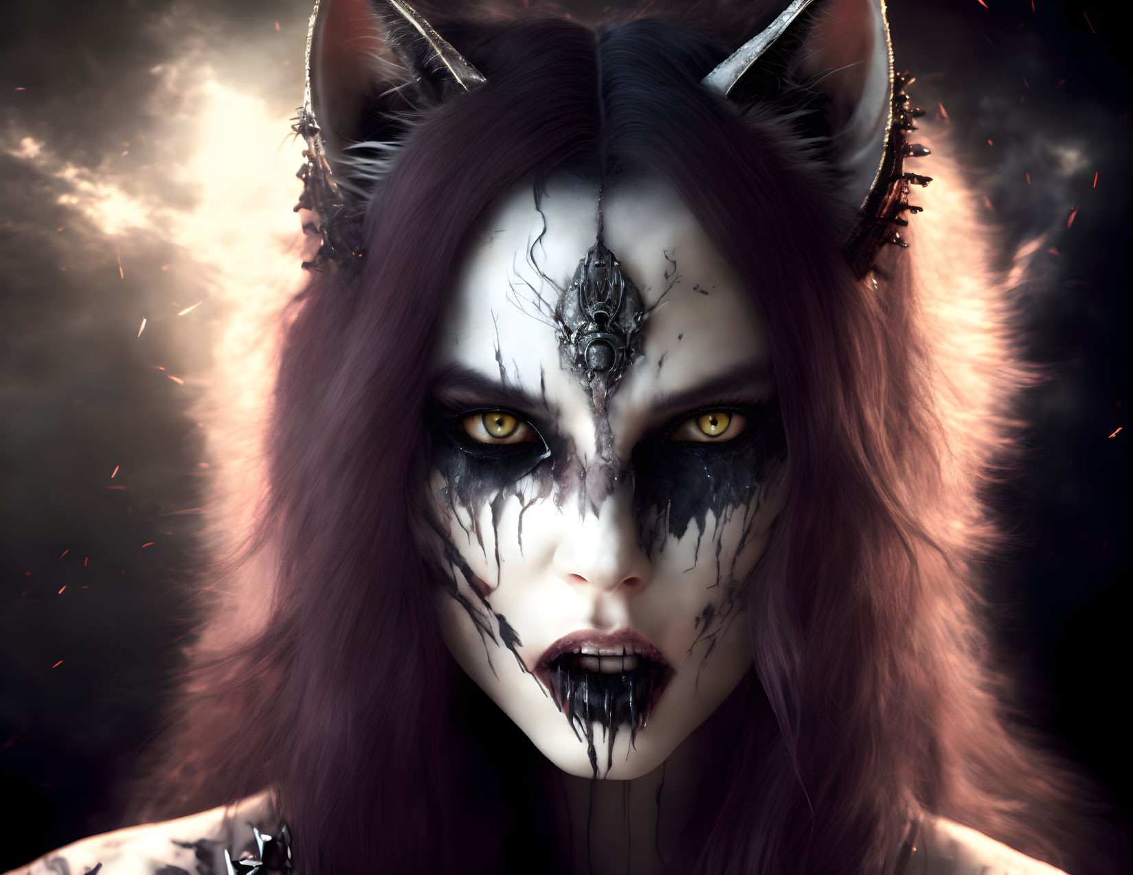 Fantasy creature with purple hair, yellow eyes, metallic horns, and mystical emblem on dark makeup against