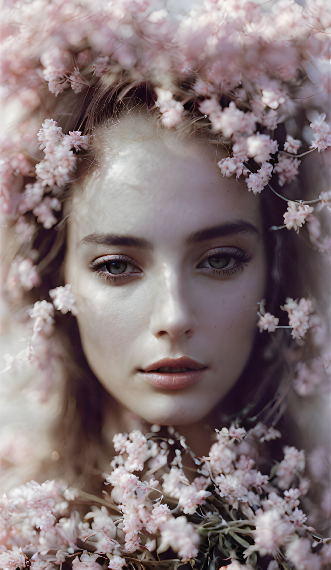 Intense-eyed woman surrounded by soft pink blossoms