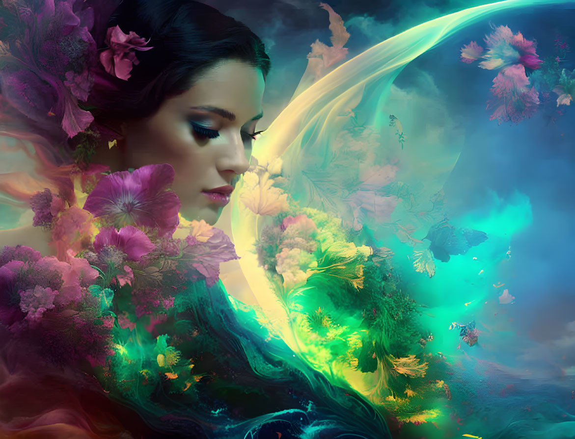 Ethereal Portrait of Woman with Floral Elements