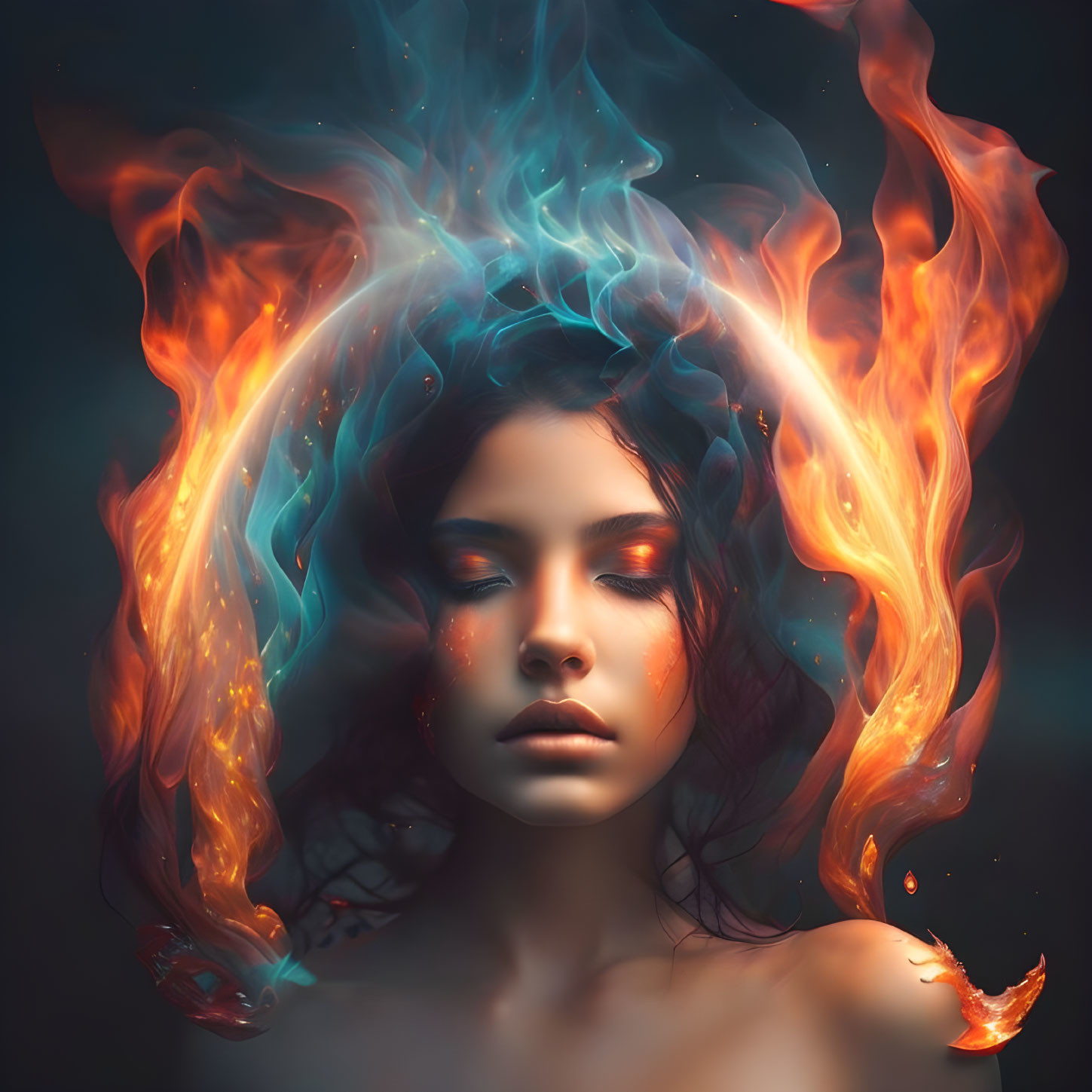 Serene woman in fiery flames with blue smoke mane