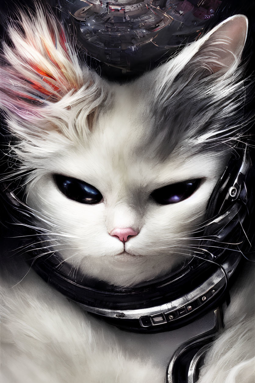 Fluffy White Cat in Astronaut Helmet with Purple Eyes