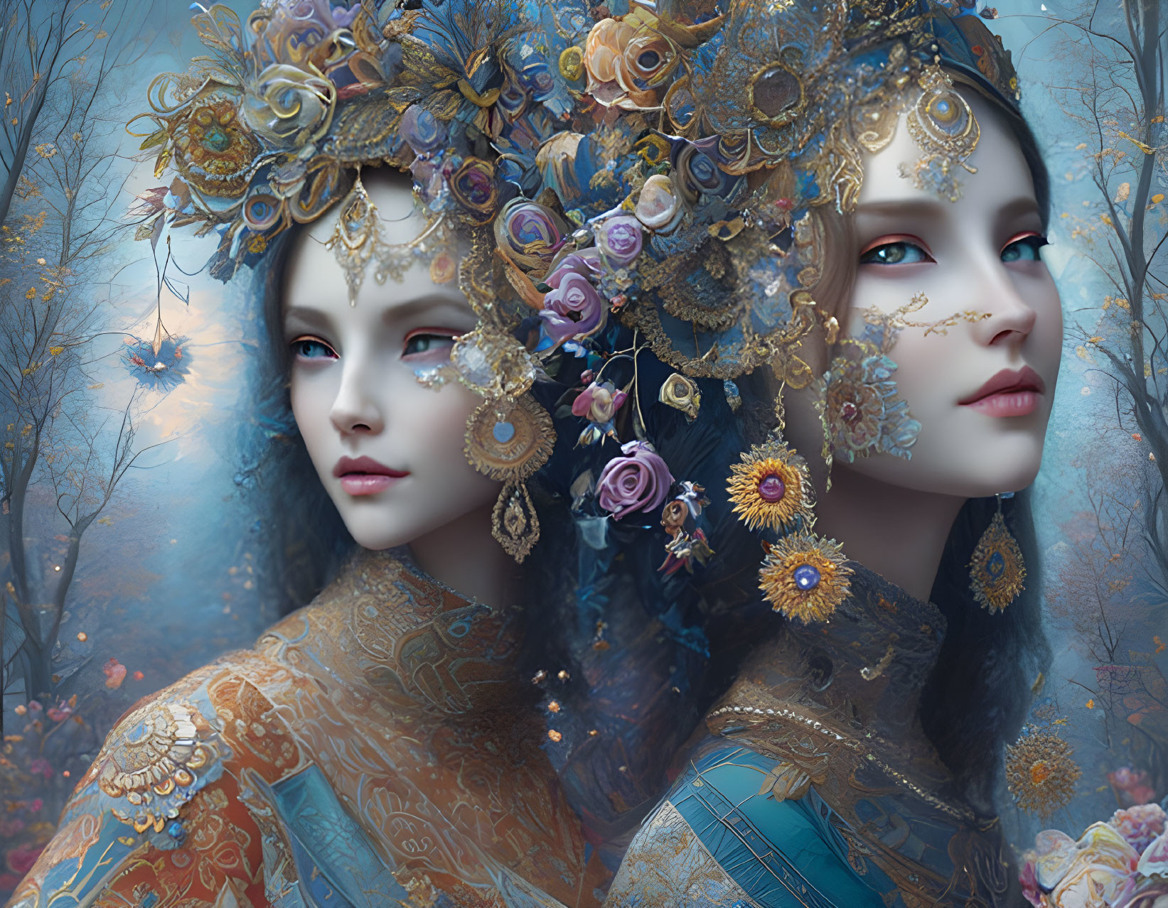 Ethereal Figures in Floral Crowns in Misty Forest