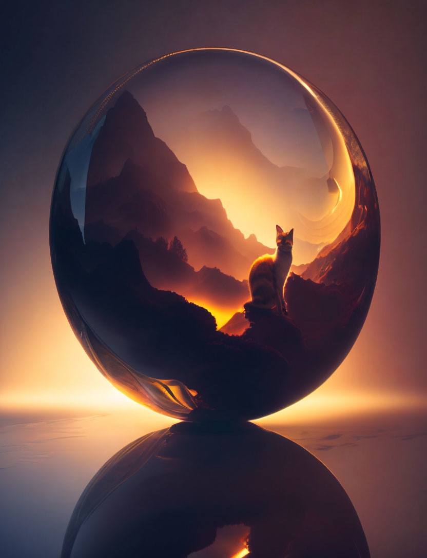 Cat silhouette in transparent sphere with mountain landscape & sunset.