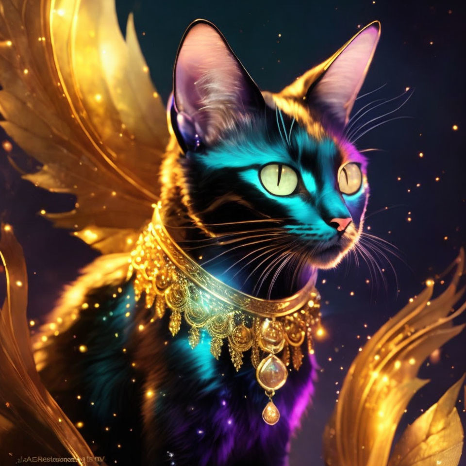 Majestic Black Cat with Shimmering Collar and Wings