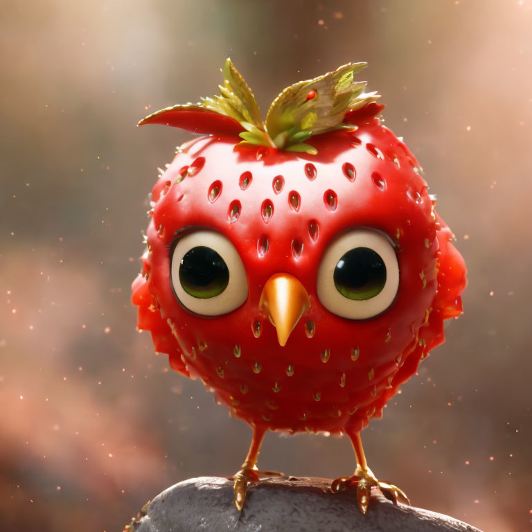 Whimsical Strawberry Bird Character with Leaf Topper