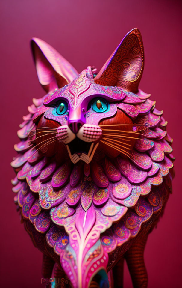 Intricately Designed Pink and Purple Ornamental Cat with Orange Eyes