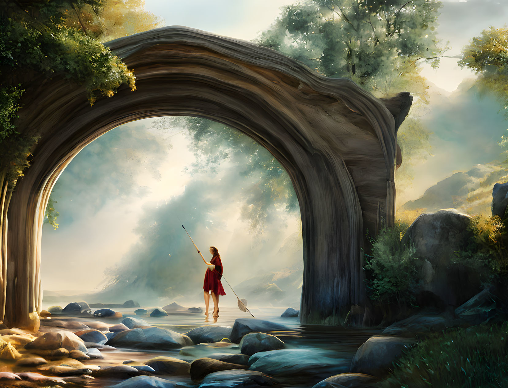 Serene Landscape with Woman in Red Dress by River