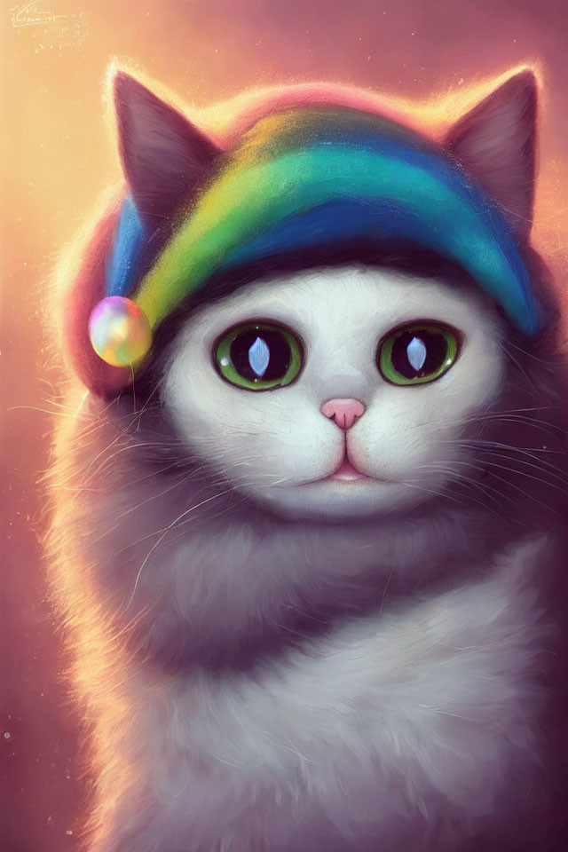 Fluffy Cat with Green Eyes in Rainbow Beanie on Warm Background