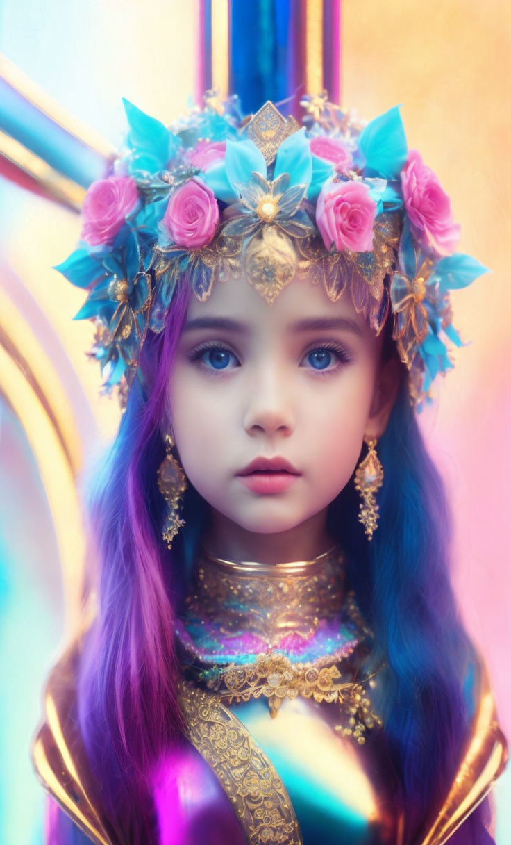 Young girl in floral crown and traditional attire with striking blue eyes in soft-focus setting