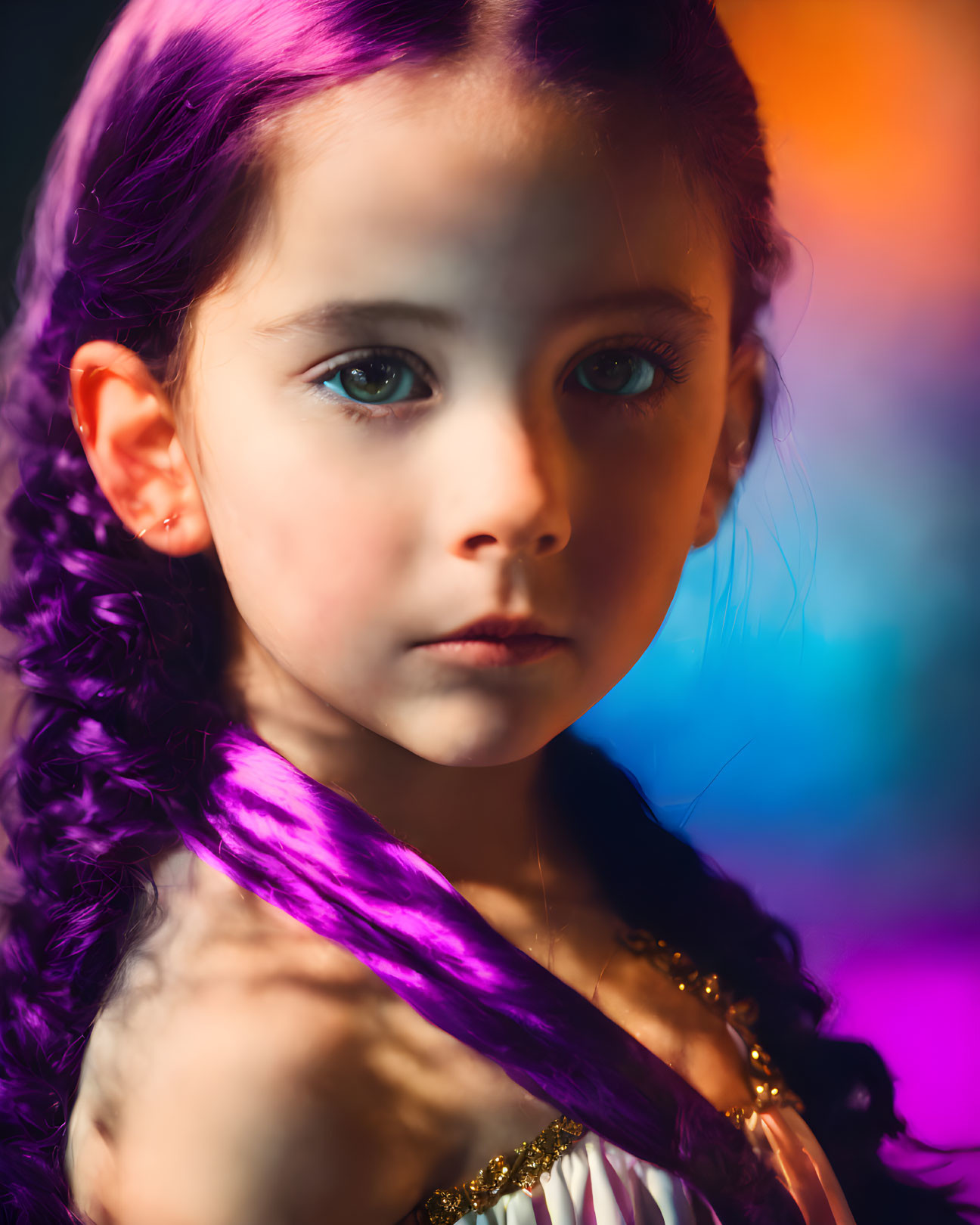 Portrait of a girl with purple hair and blue-green eyes