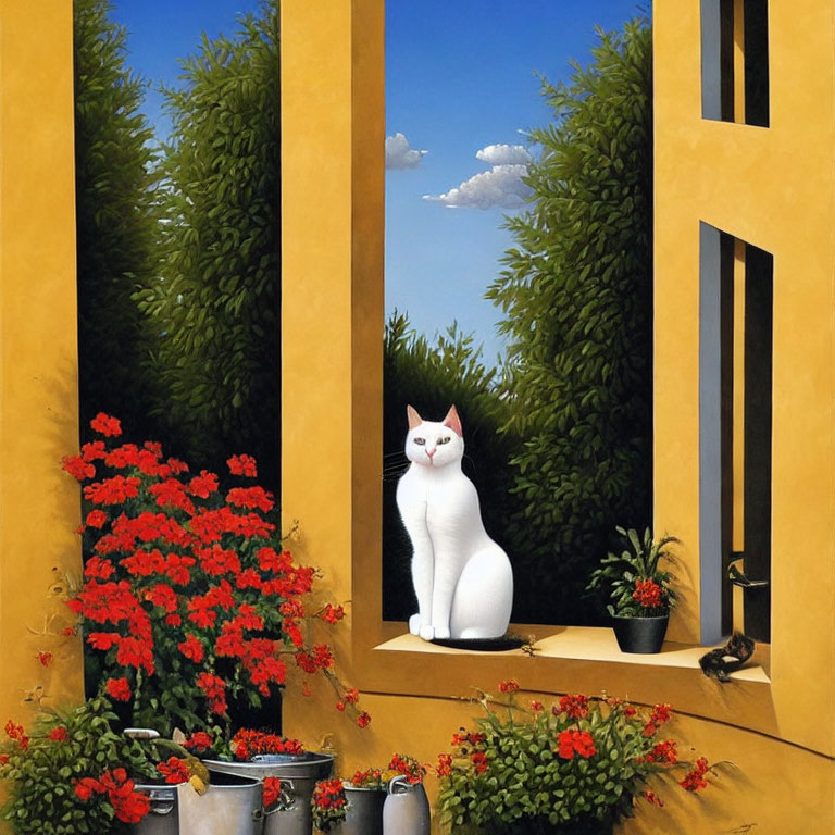 Serene Scene of Yellow Wall with Cat and Flowers