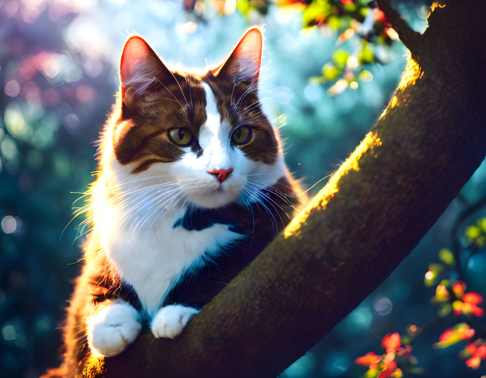 White and brown cat perched on tree branch in golden sunlight