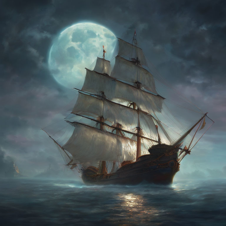 Sailing ship with billowing sails under luminous full moon