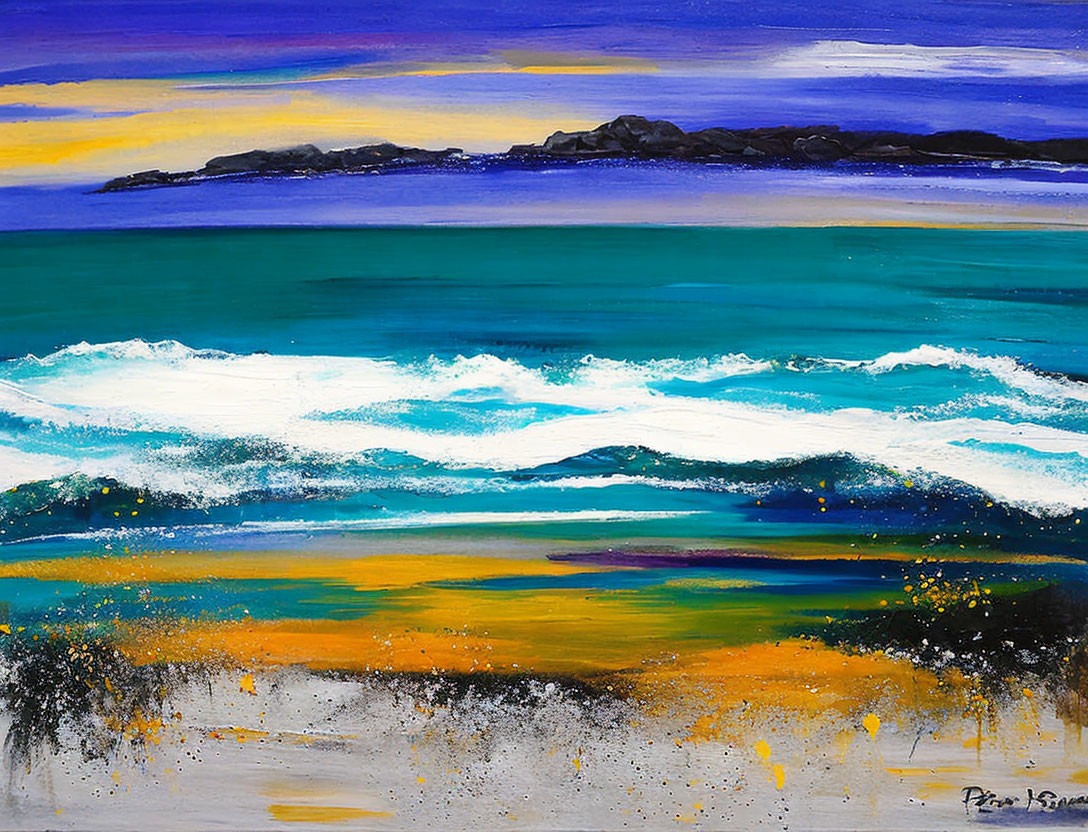 Colorful Coastal Seascape Painting with Turquoise Waves and Sunset Sky