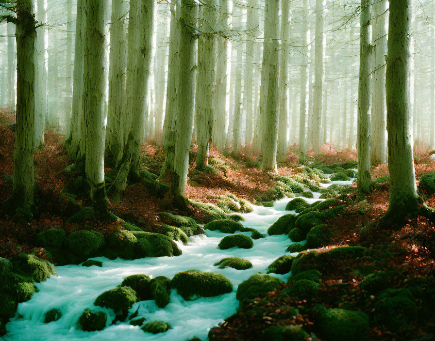 Tranquil forest scene with tall trees, mossy floor, and meandering stream