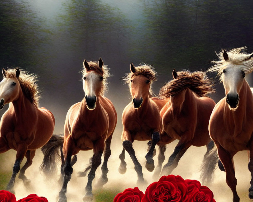 Brown horses galloping with roses and foggy forest background