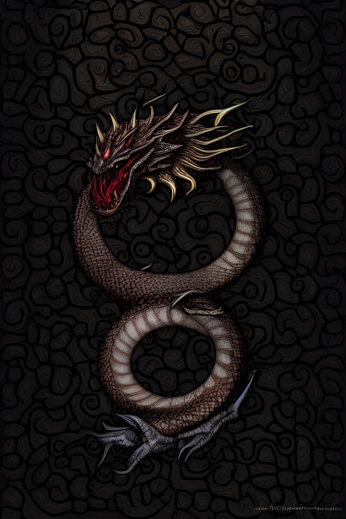 Stylized coiled dragon with red eyes and golden horns on dark background