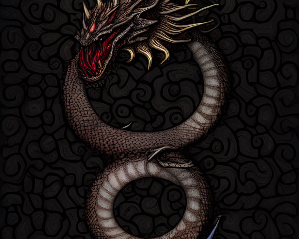 Stylized coiled dragon with red eyes and golden horns on dark background