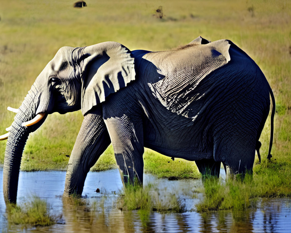 Elephant with tusks in water under clear blue sky