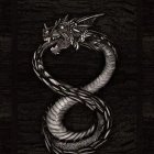 Stylized coiled dragon with red eyes and golden horns on dark background