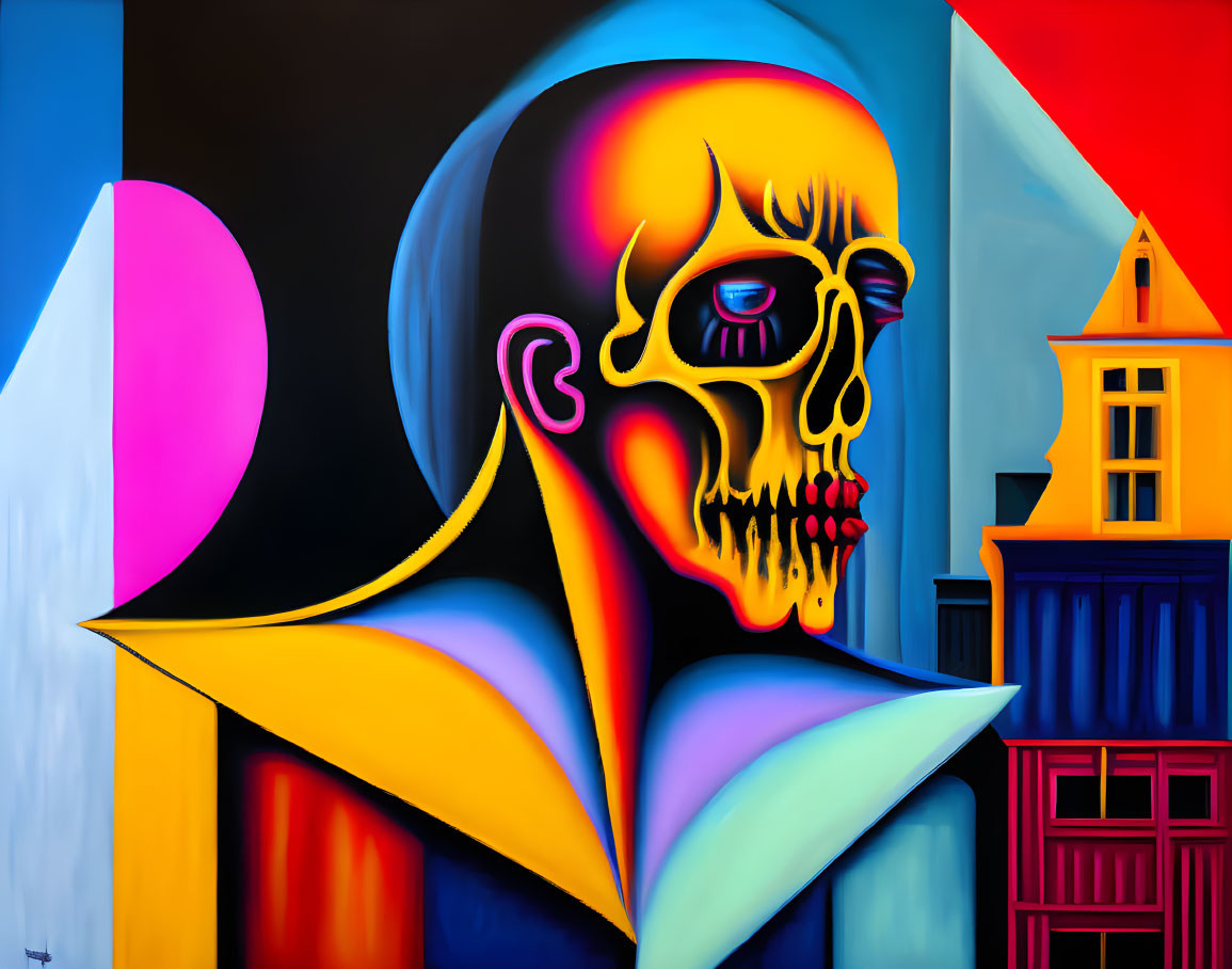 Colorful Stylized Skull Art on Abstract Geometric Background