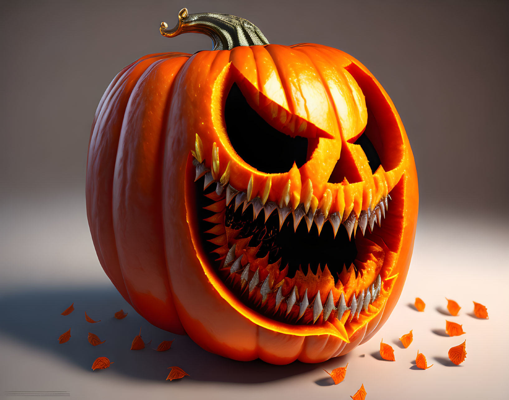 Menacing Halloween Jack-o'-lantern with Sharp Teeth and Orange Leaves