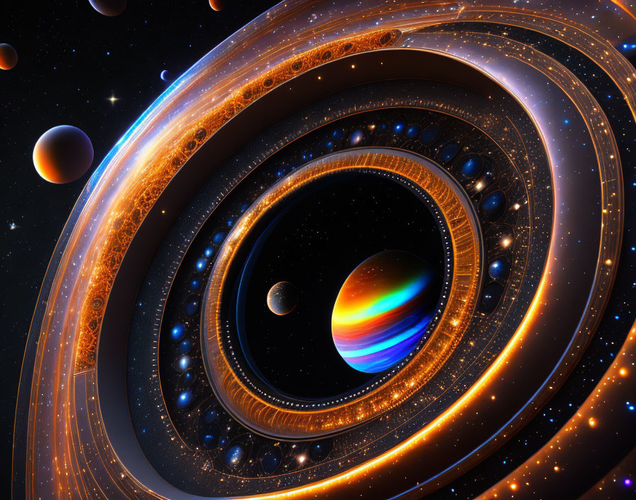 Digital artwork showcasing glowing planets with rings in cosmic backdrop