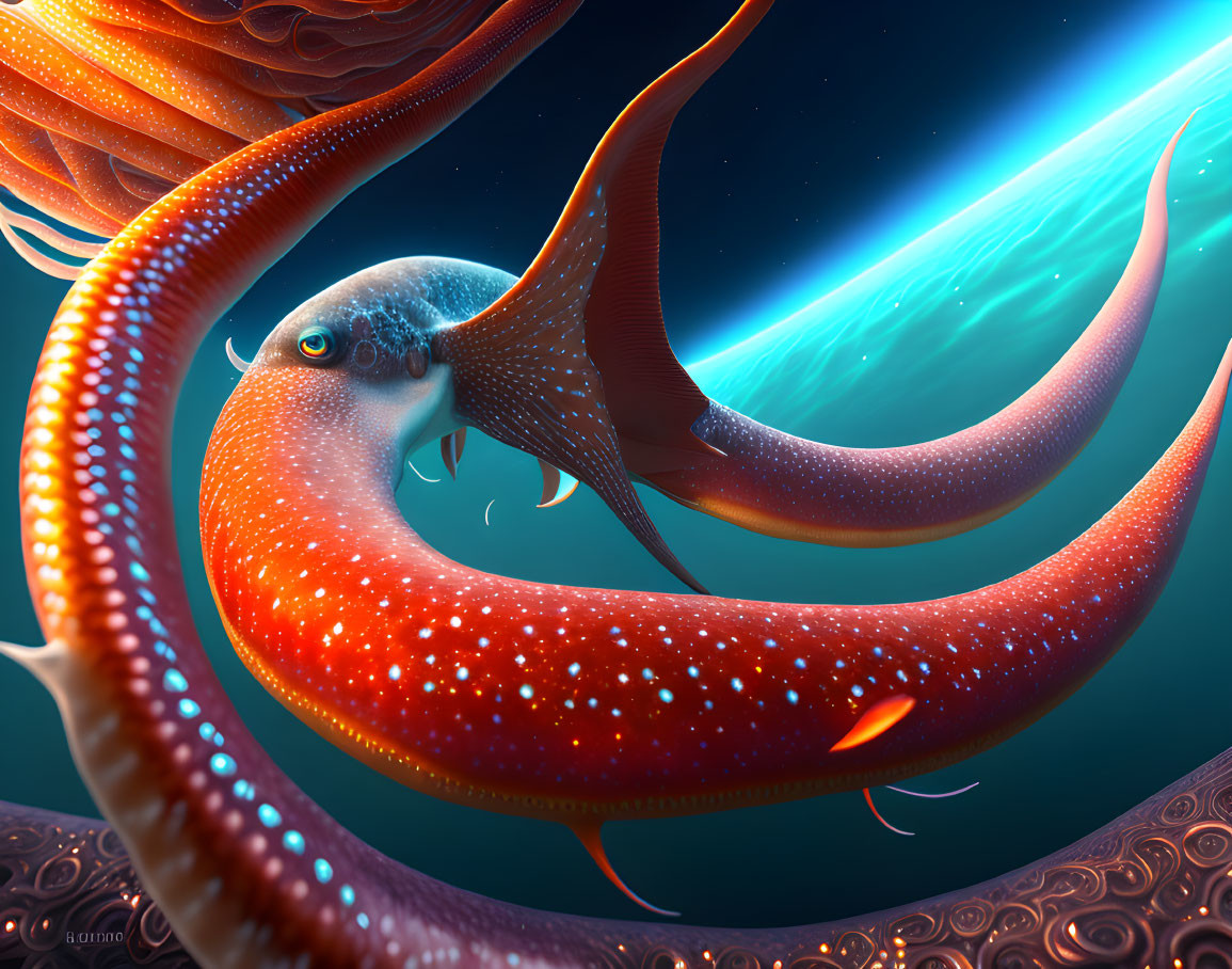 Colorful digital artwork: Red-orange squid in blue ocean.