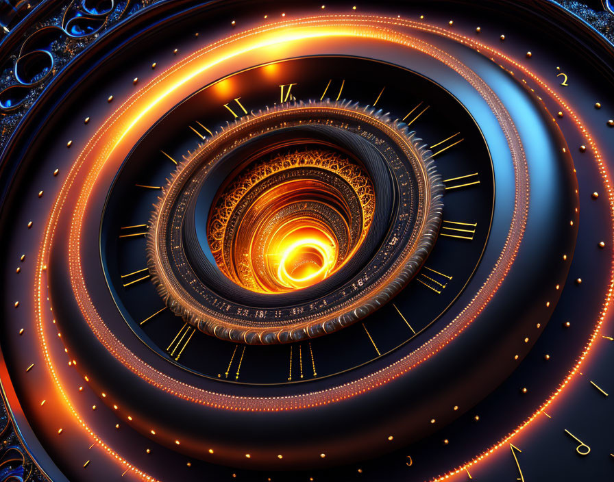 Intricate spiraling vortex with glowing orange lights