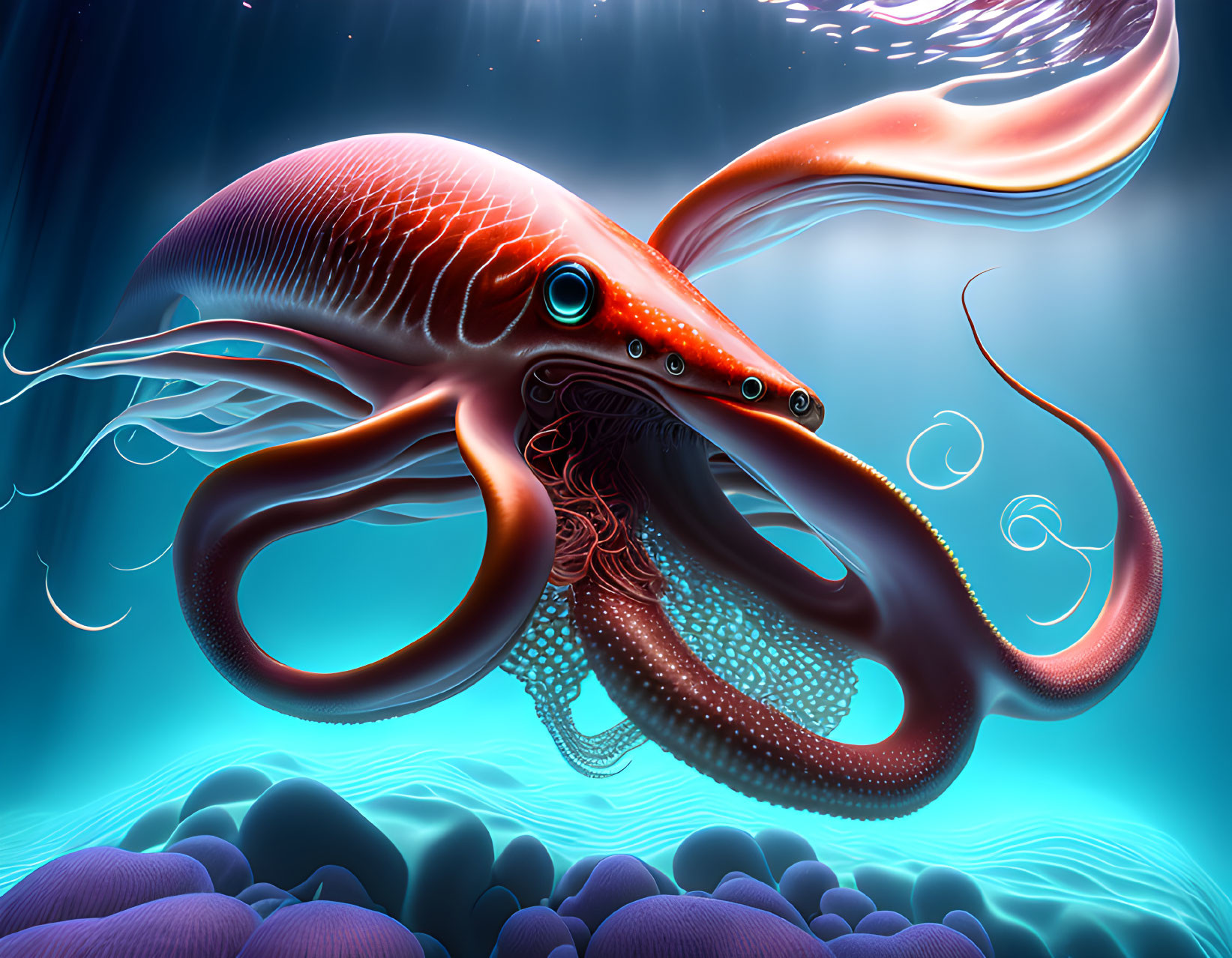 Giant squid illustration in deep ocean with extended tentacles