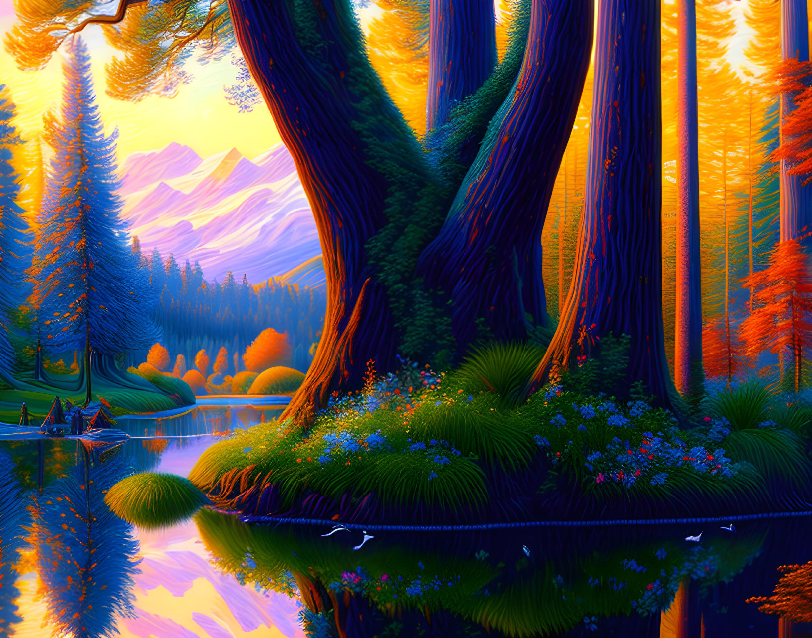 Enchanted forest digital art with towering trees & serene river