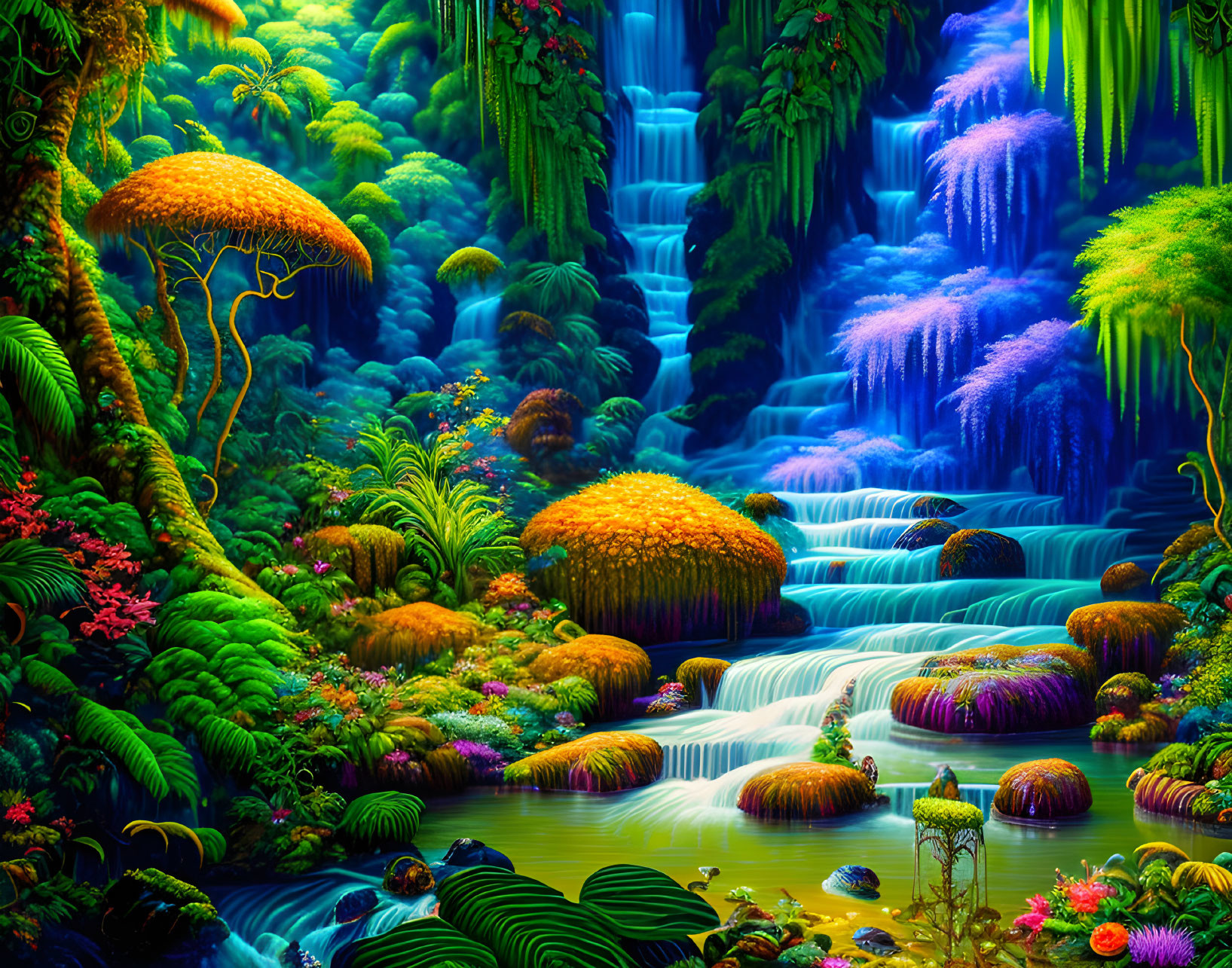 Lush Neon Forest with Cascading Waterfalls