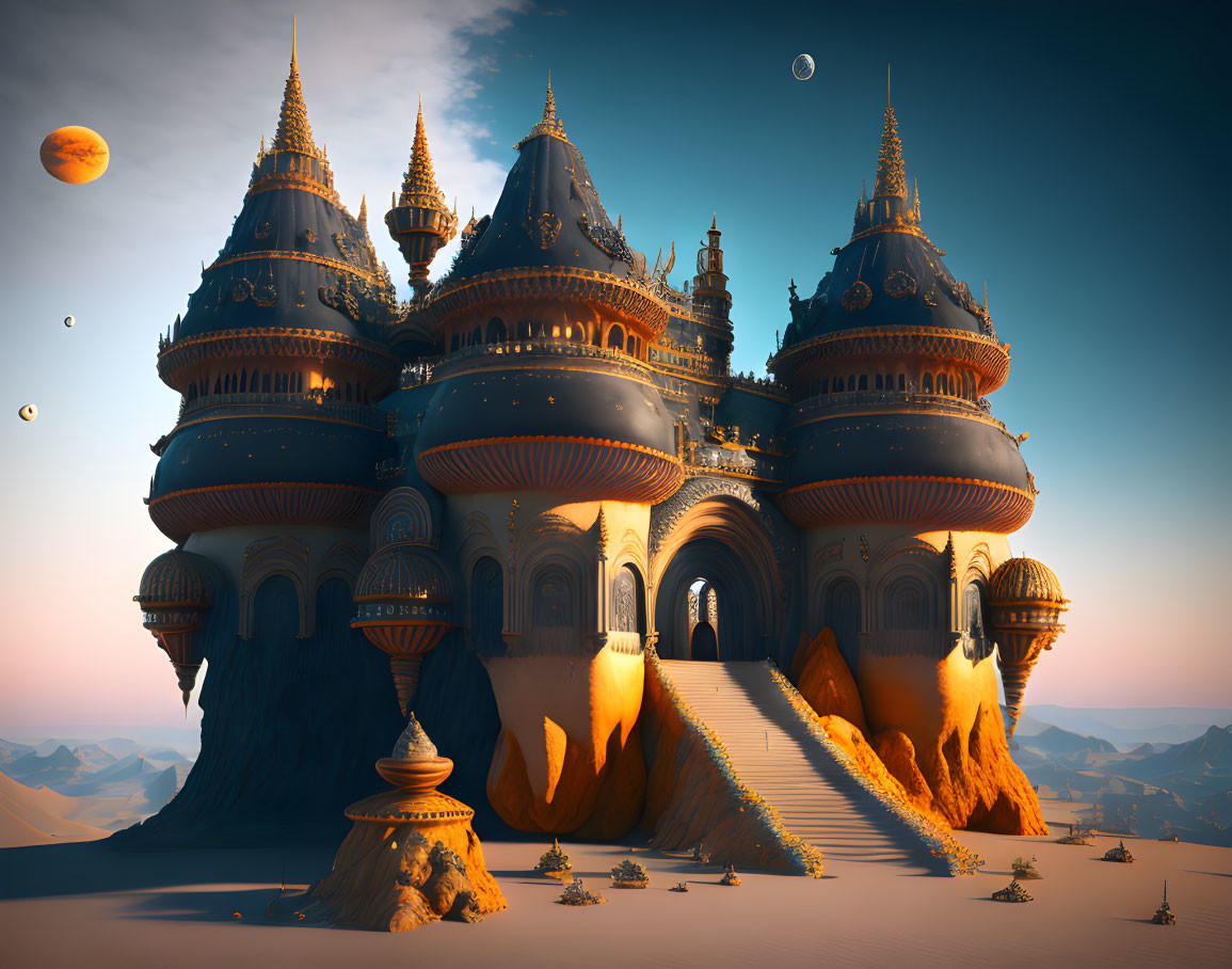 Fantasy palace with ornate spires on desert dune under planetary sky