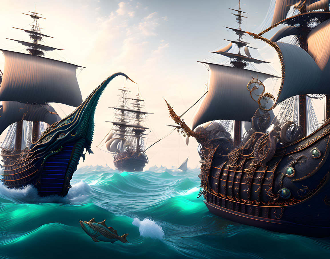 Fantasy-themed image: Ornate ships, giant sea monster, clockwork design, mythical surroundings.