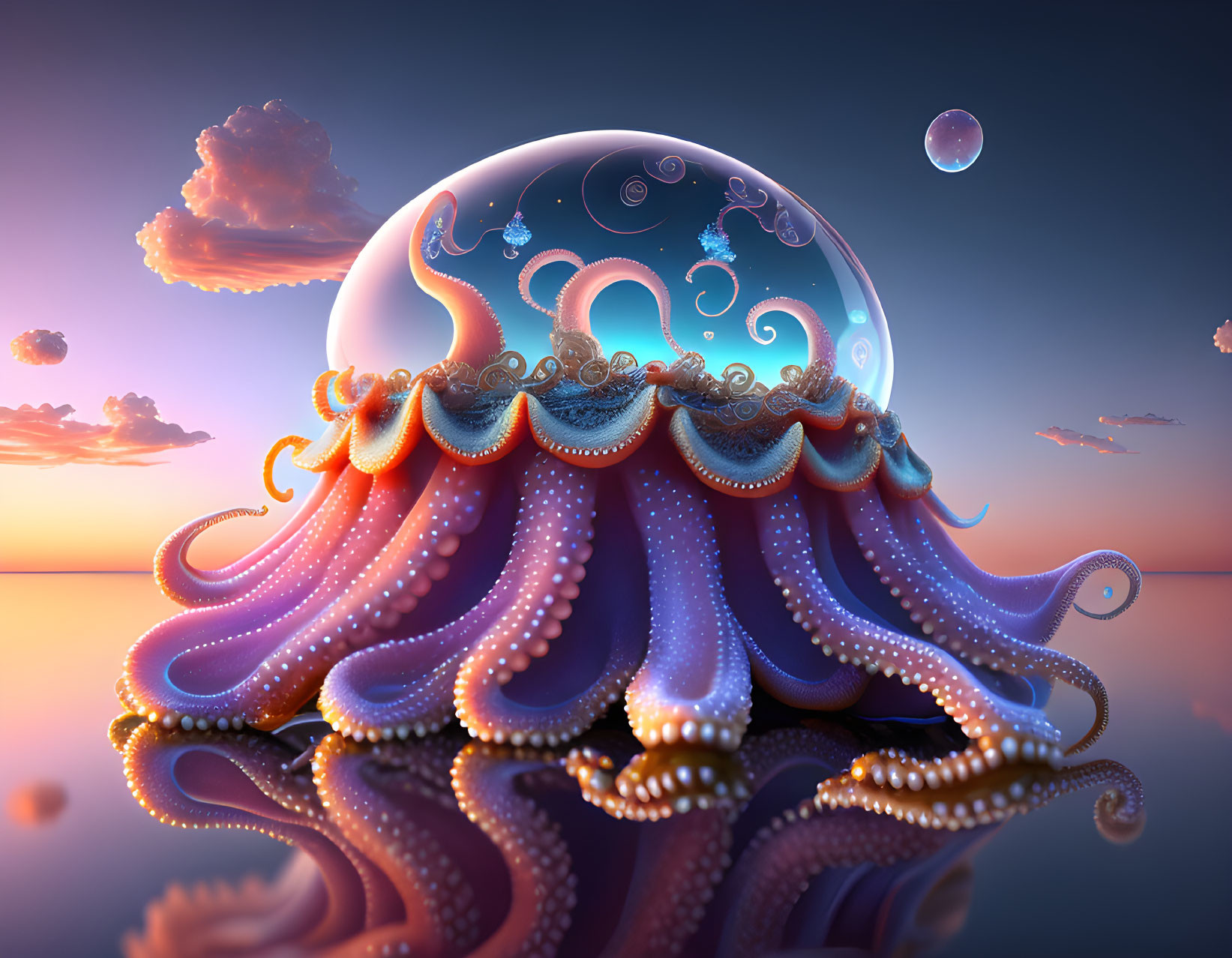 Octopus and Moon in Vibrant Sunset Seascape