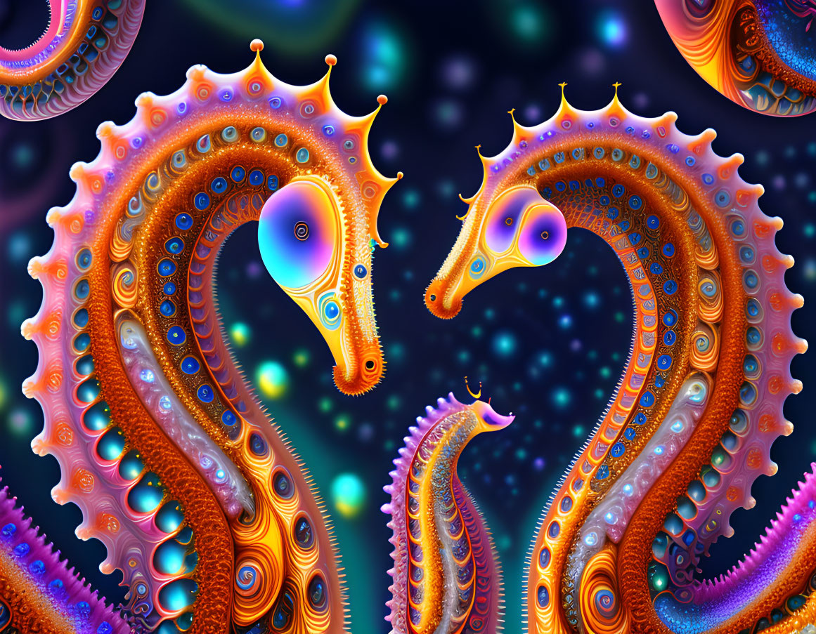 Colorful fractal seahorses in starry setting