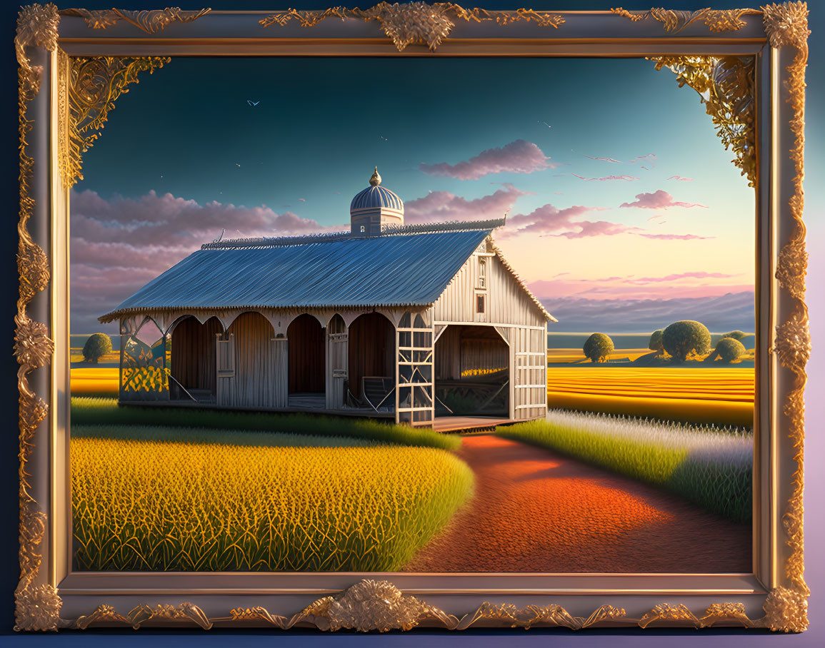 Framed artwork of barn in golden fields at sunset