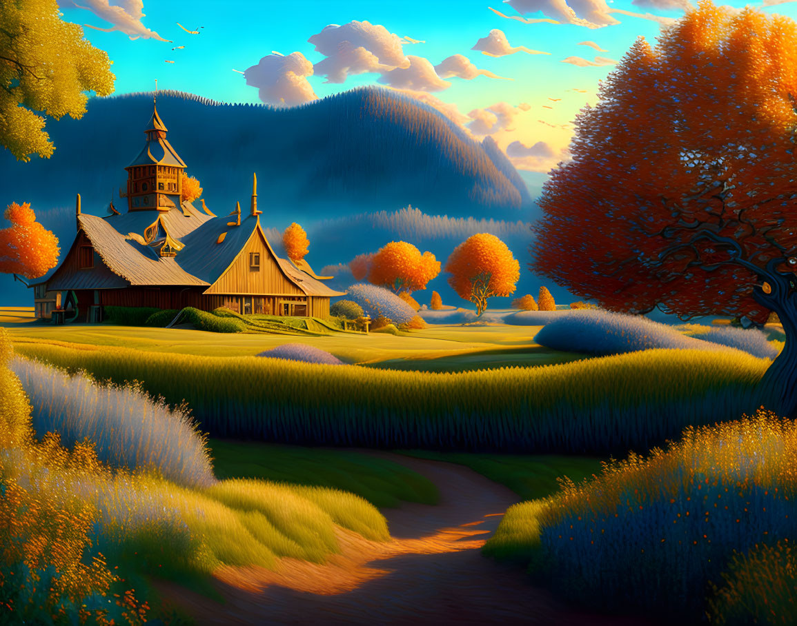 Stylized pastoral scene with church, trees, and golden fields