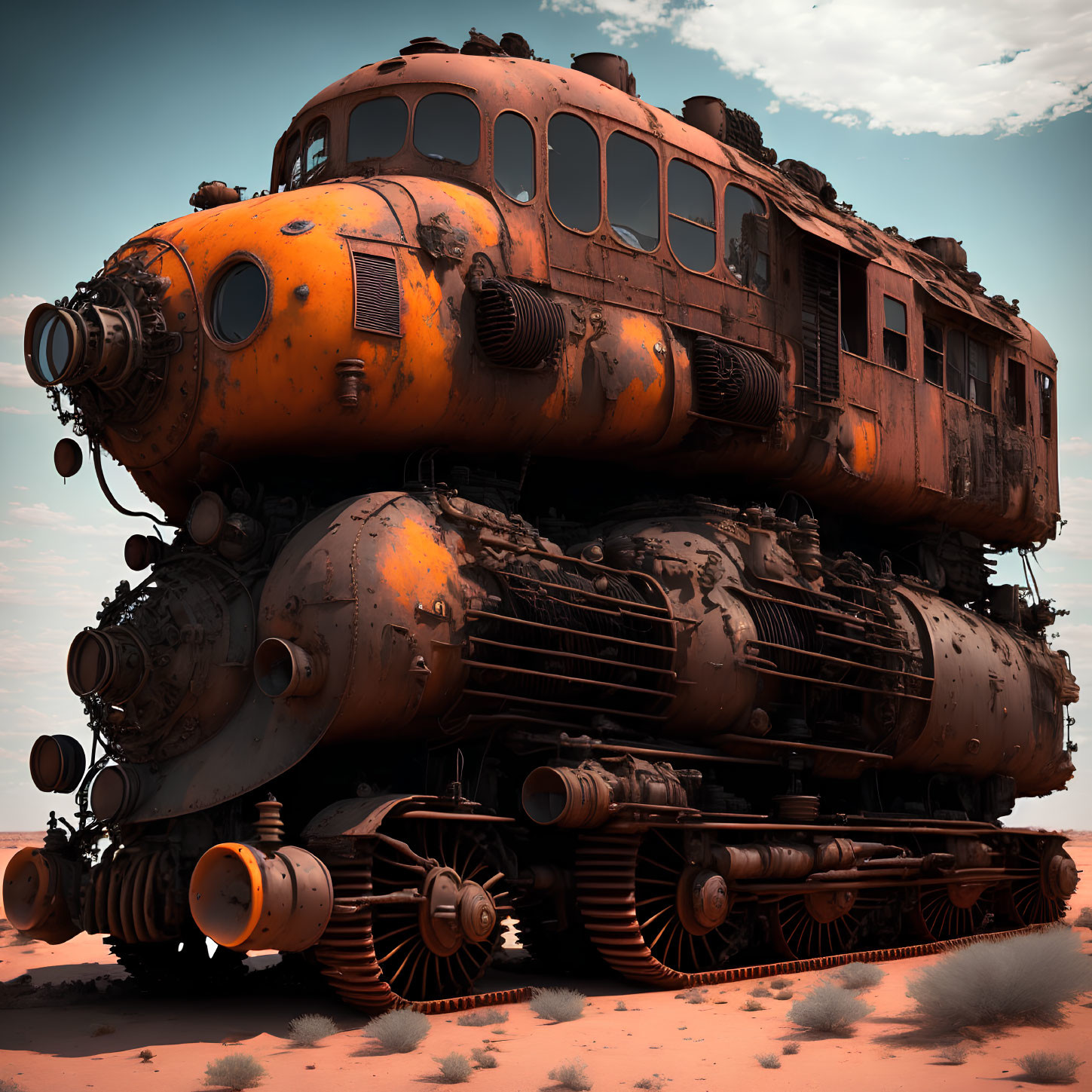 Abandoned orange locomotive on sandy terrain under blue sky