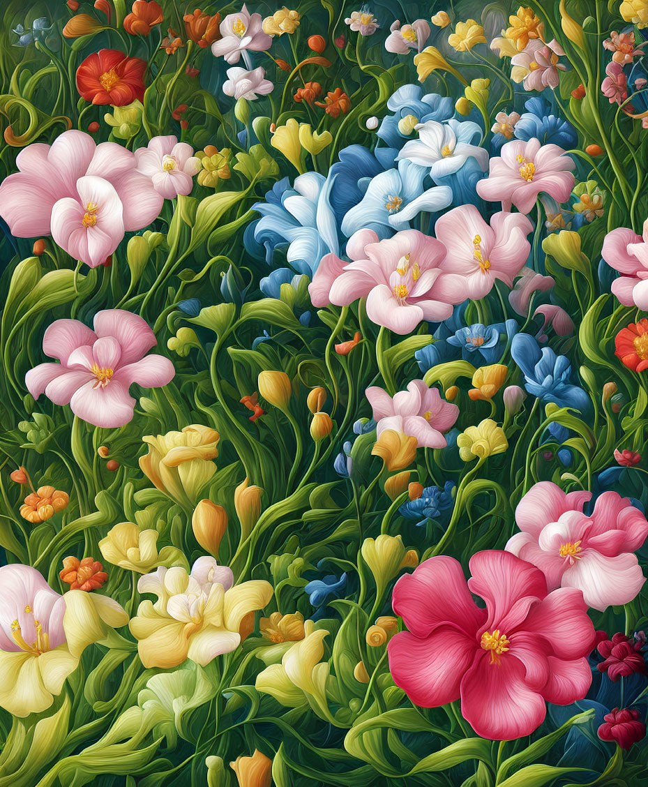 Colorful Floral Pattern with Pink, Yellow, Blue, and Red Flowers