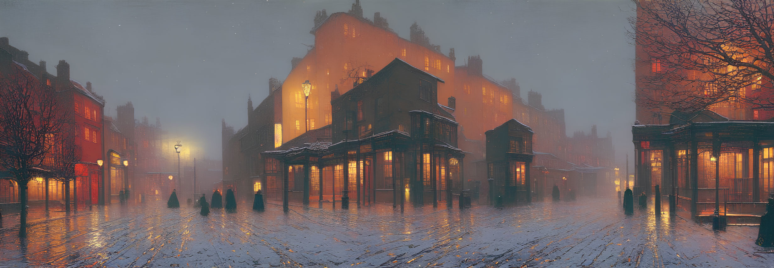 Snow-covered streets and vintage buildings in serene twilight scene.